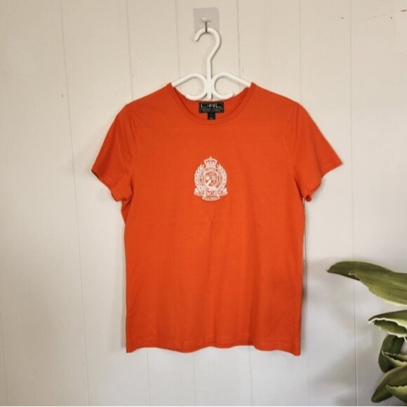 Vintage Ralph Lauren Orange Crest Logo Crew Preppy T-Shirt Top Y2K Sporty Cool - Picture 1 of 7